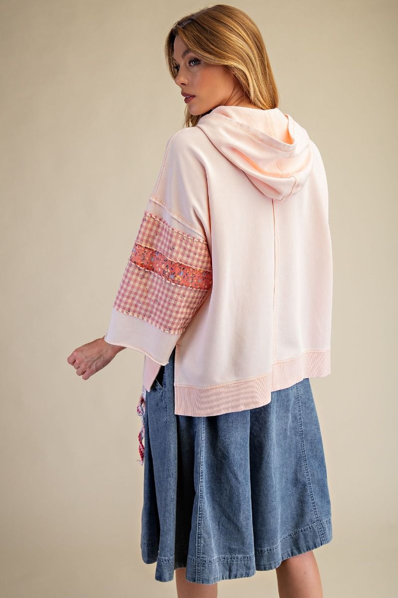 Easel Floral Print Mix Washed Hooded Pullover - Blush & Cactus