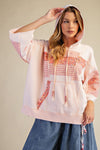 Easel Floral Print Mix Washed Hooded Pullover - Blush & Cactus