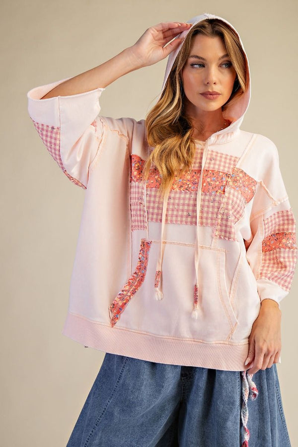 Easel Floral Print Mix Washed Hooded Pullover - Blush & Cactus