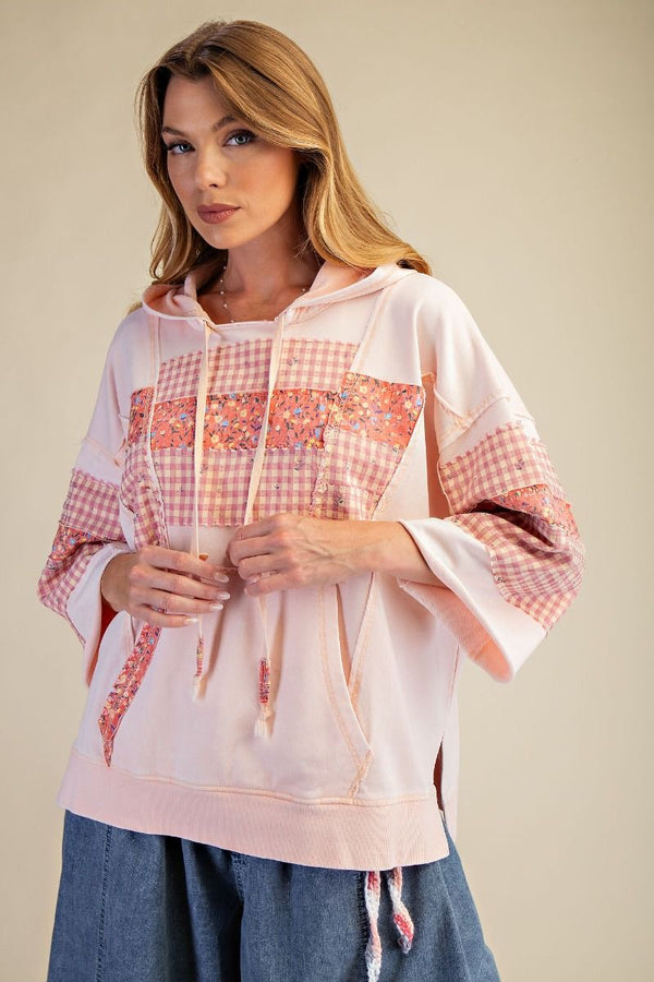 Easel Floral Print Mix Washed Hooded Pullover - Blush & Cactus