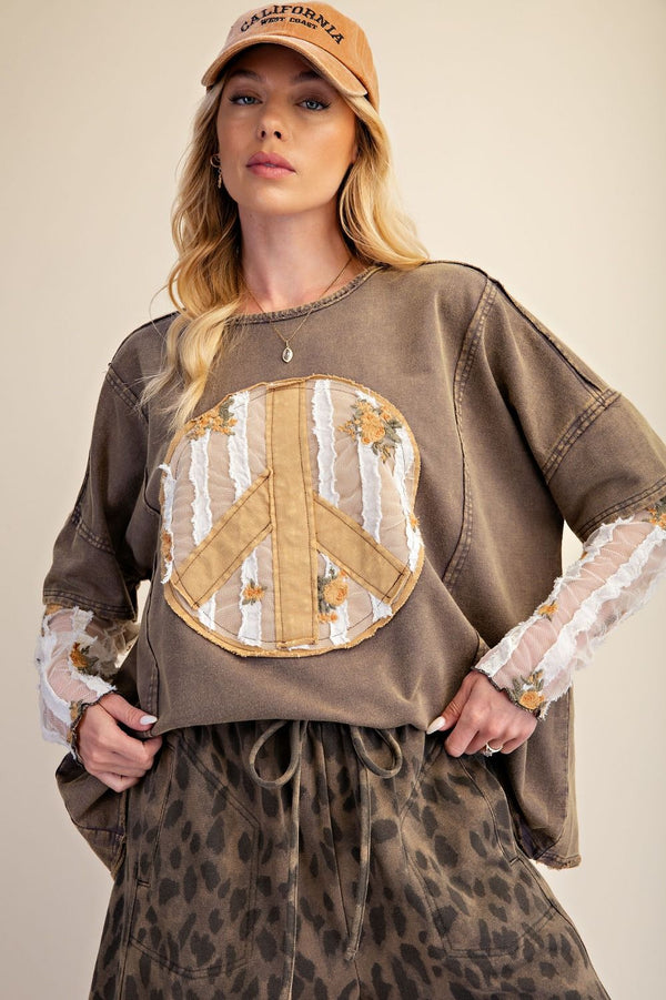 Easel Peace Patch Front Washed Knit Top - Blush & Cactus