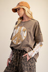 Easel Peace Patch Front Washed Knit Top - Blush & Cactus
