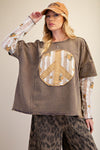 Easel Peace Patch Front Washed Knit Top - Blush & Cactus