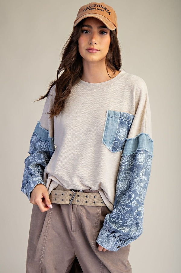 Easel Print Mix Thermal Knit Pullover - Blush & Cactus