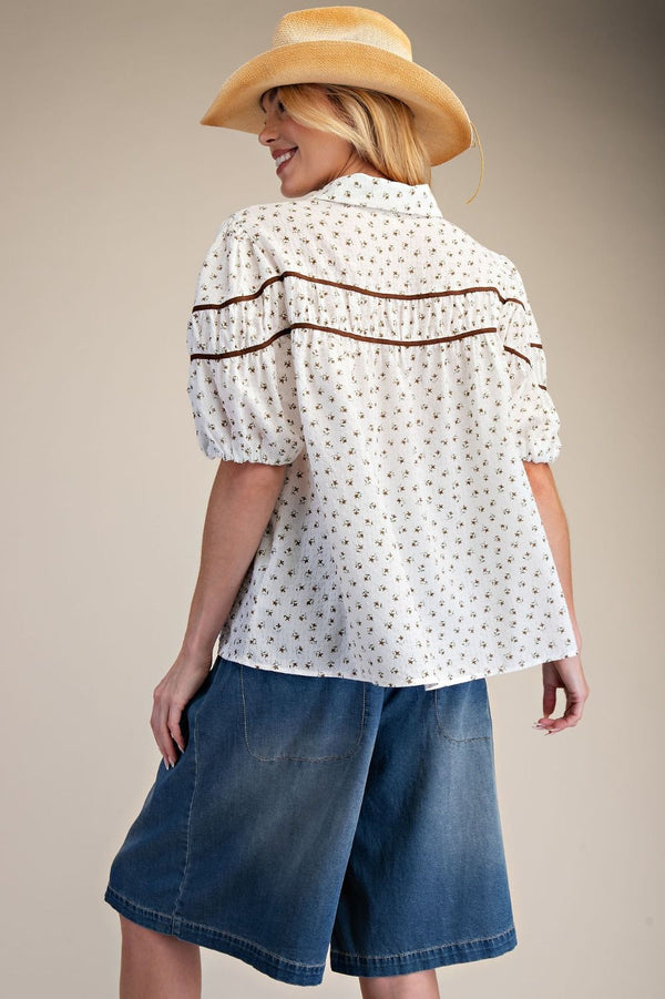 Easel Floral Printed Seersucker Boxy Top - Blush & Cactus