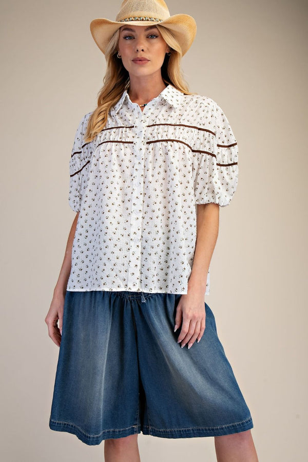 Easel Floral Printed Seersucker Boxy Top - Blush & Cactus