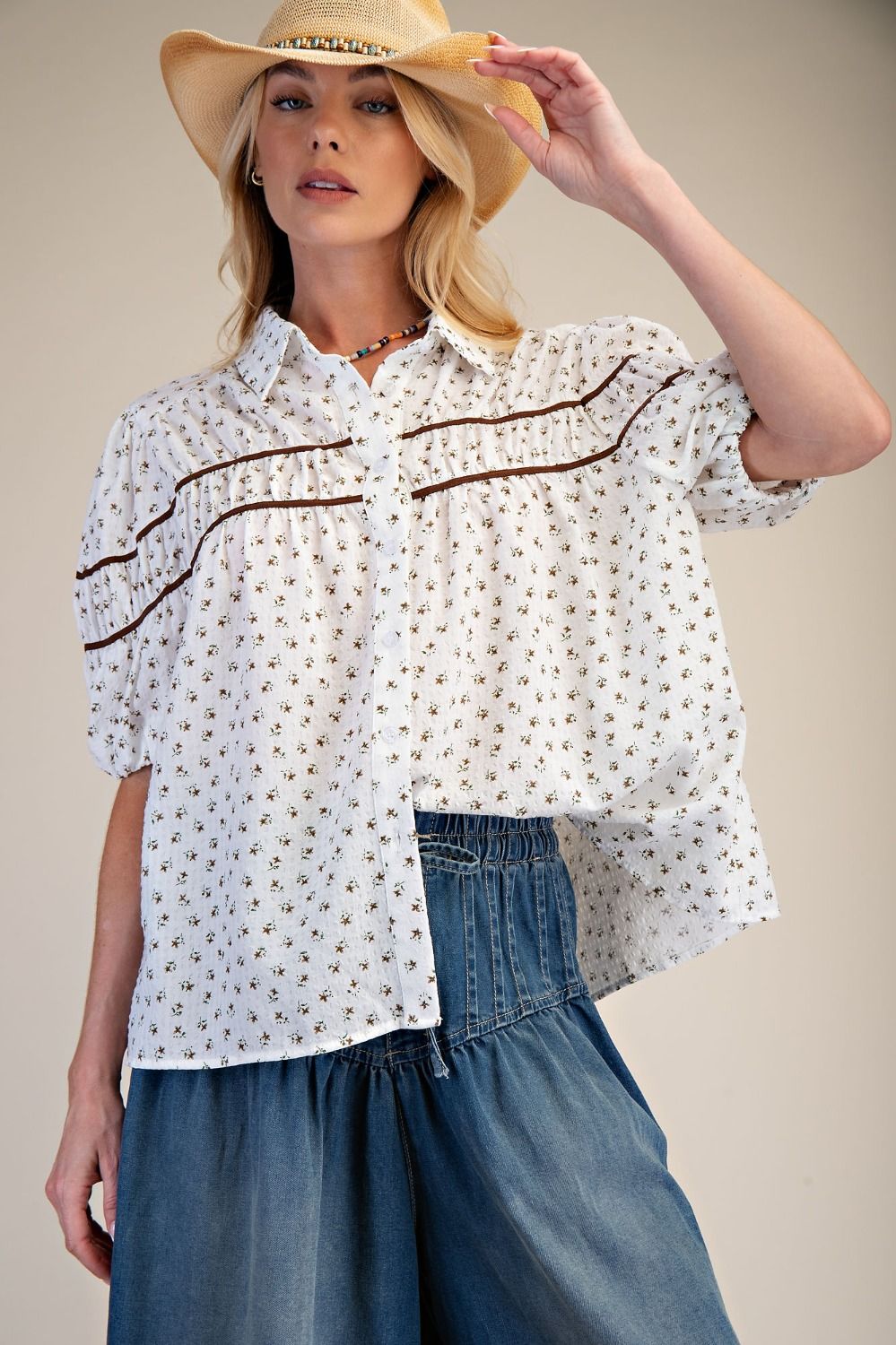 Easel Floral Printed Seersucker Boxy Top - Blush & Cactus