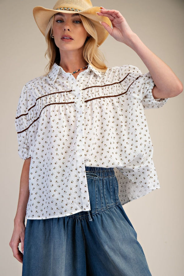 Easel Floral Printed Seersucker Boxy Top - Blush & Cactus