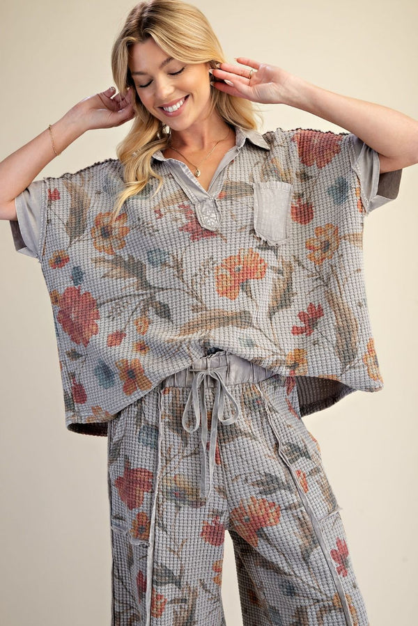 Easel  SIGNATURE PRINT WASHED WAFFLE KNIT TOP -MATCHING SET / LOUNGE SET