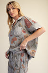 Easel  SIGNATURE PRINT WASHED WAFFLE KNIT TOP -MATCHING SET / LOUNGE SET