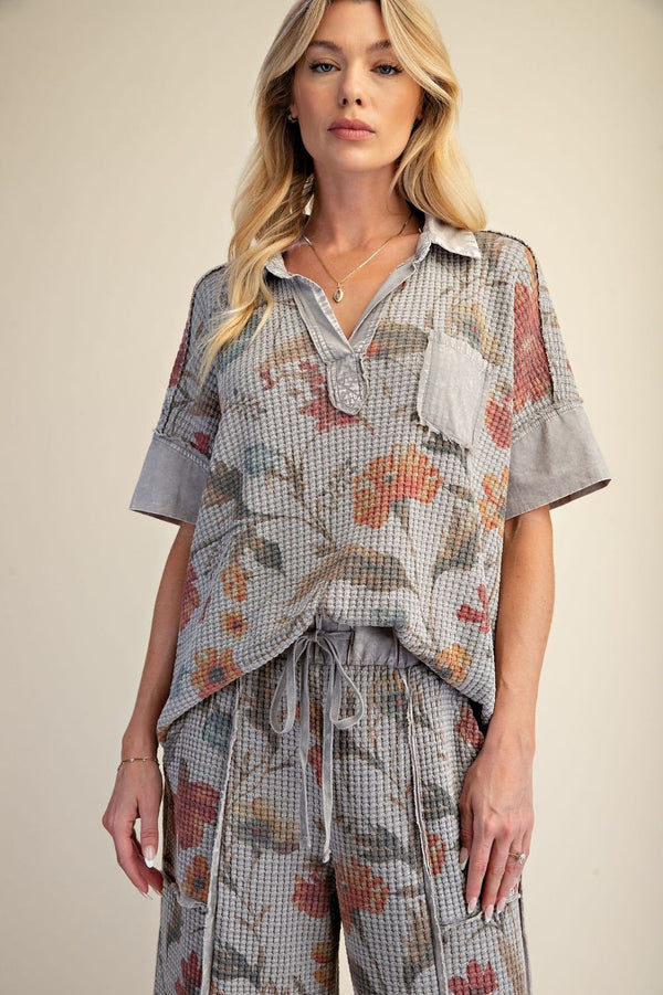 Easel  SIGNATURE PRINT WASHED WAFFLE KNIT TOP -MATCHING SET / LOUNGE SET