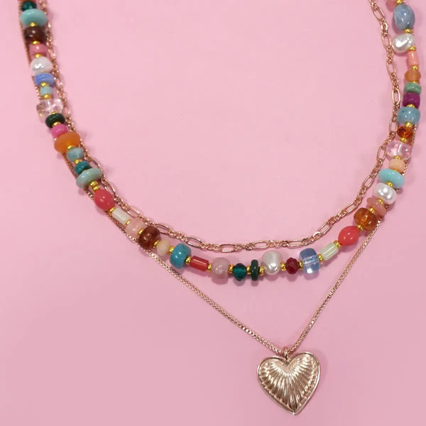 Multi Layered Beaded Heart Charm Necklace