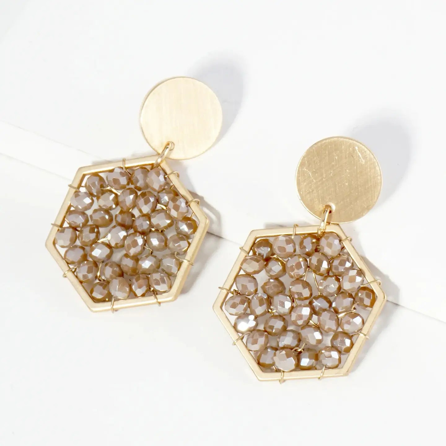 Faceted Glass Beads Hexagon Drop Dangle Earrings - Blush & Cactus