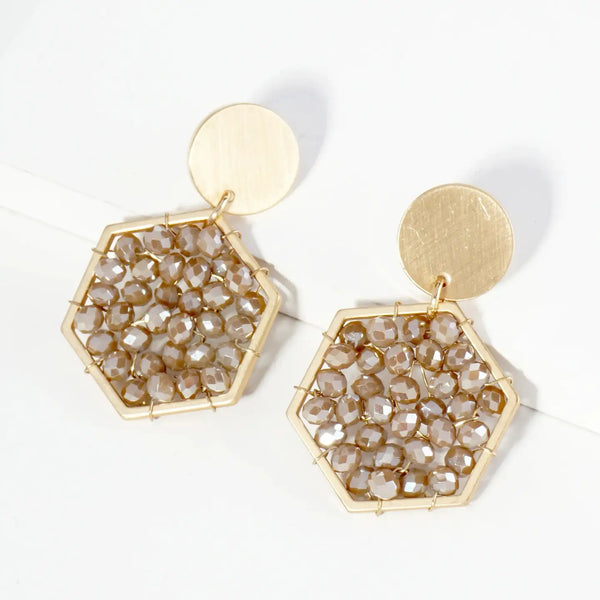 Faceted Glass Beads Hexagon Drop Dangle Earrings - Blush & Cactus