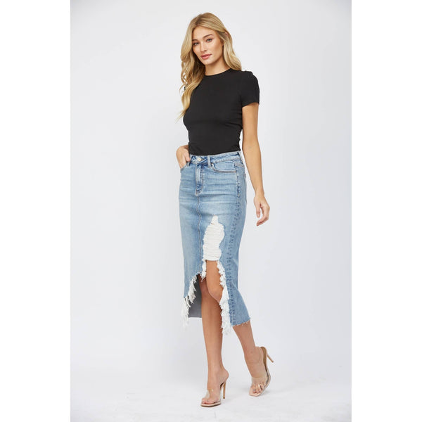 MICA DENIM MIDI SKIRT WITH DISTRESSED - Blush & Cactus