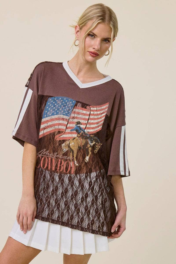 American Cowboy Lace Oversized Tee - Blush & Cactus