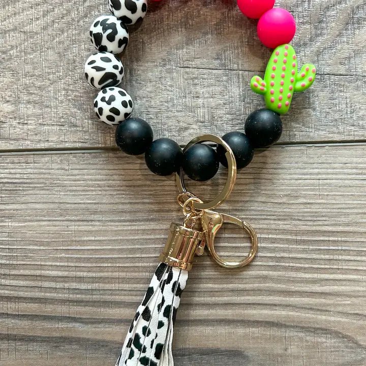 Pink and Black Cute Cactus Silicone Keychain Wristlet - Blush & Cactus