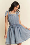Davi & Dani Strap Smocking Zipper Washed out Denim Mini Dress