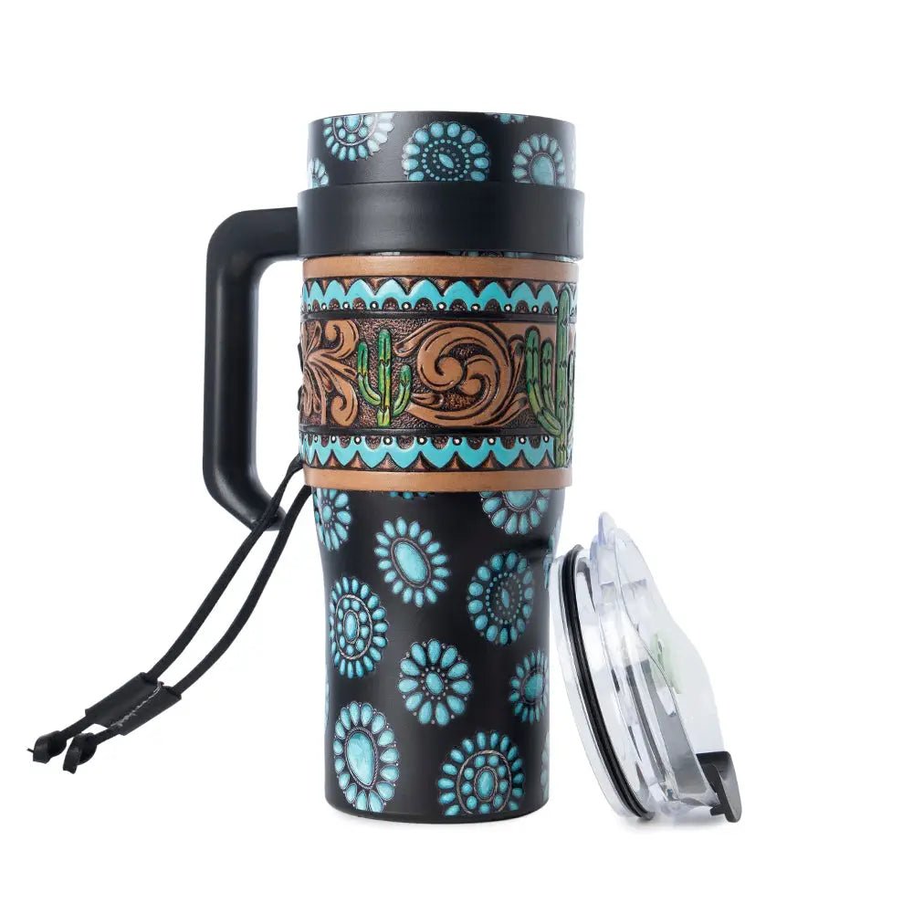 Concho Crest Western Tooled Tumbler in Black Stainless Steel with Leather Wrap and Handle - Blush & Cactus