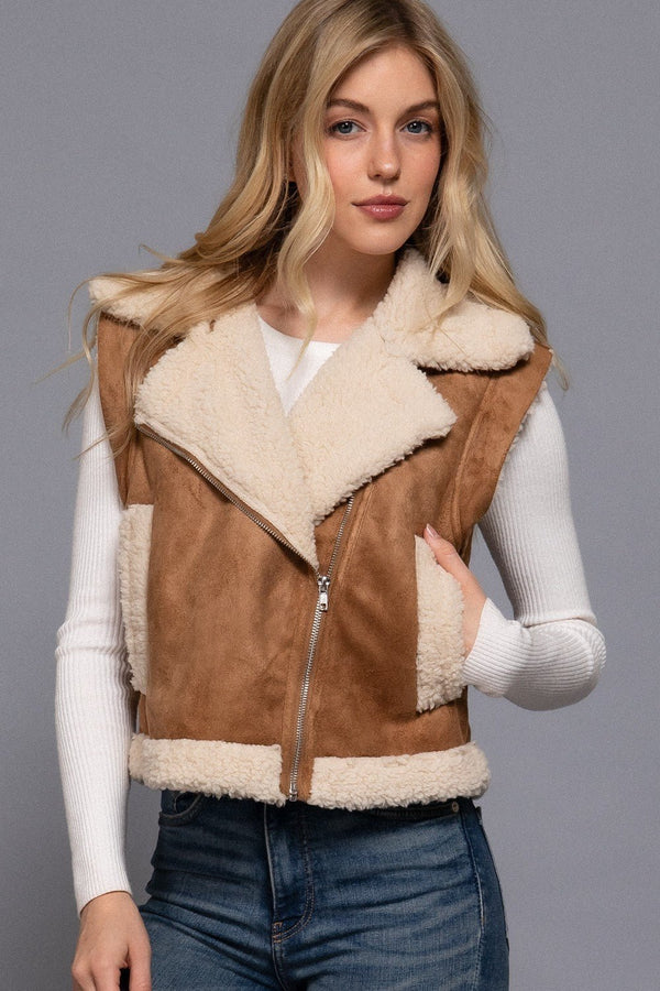 Faux Suede Inner Fur Zip Up Vest - Blush & Cactus