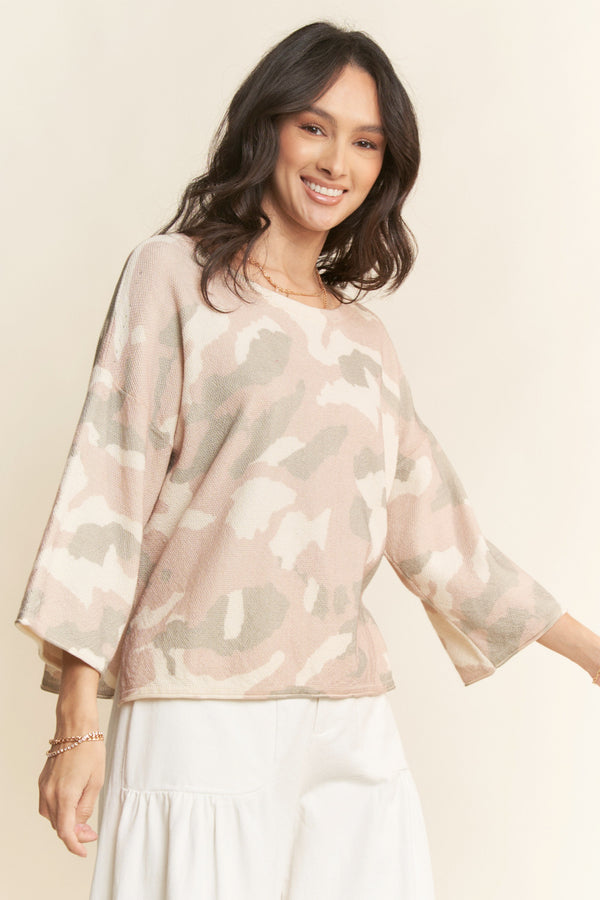 Davi & Dani Military Print Knit Long Sleeves Loose Fit Top