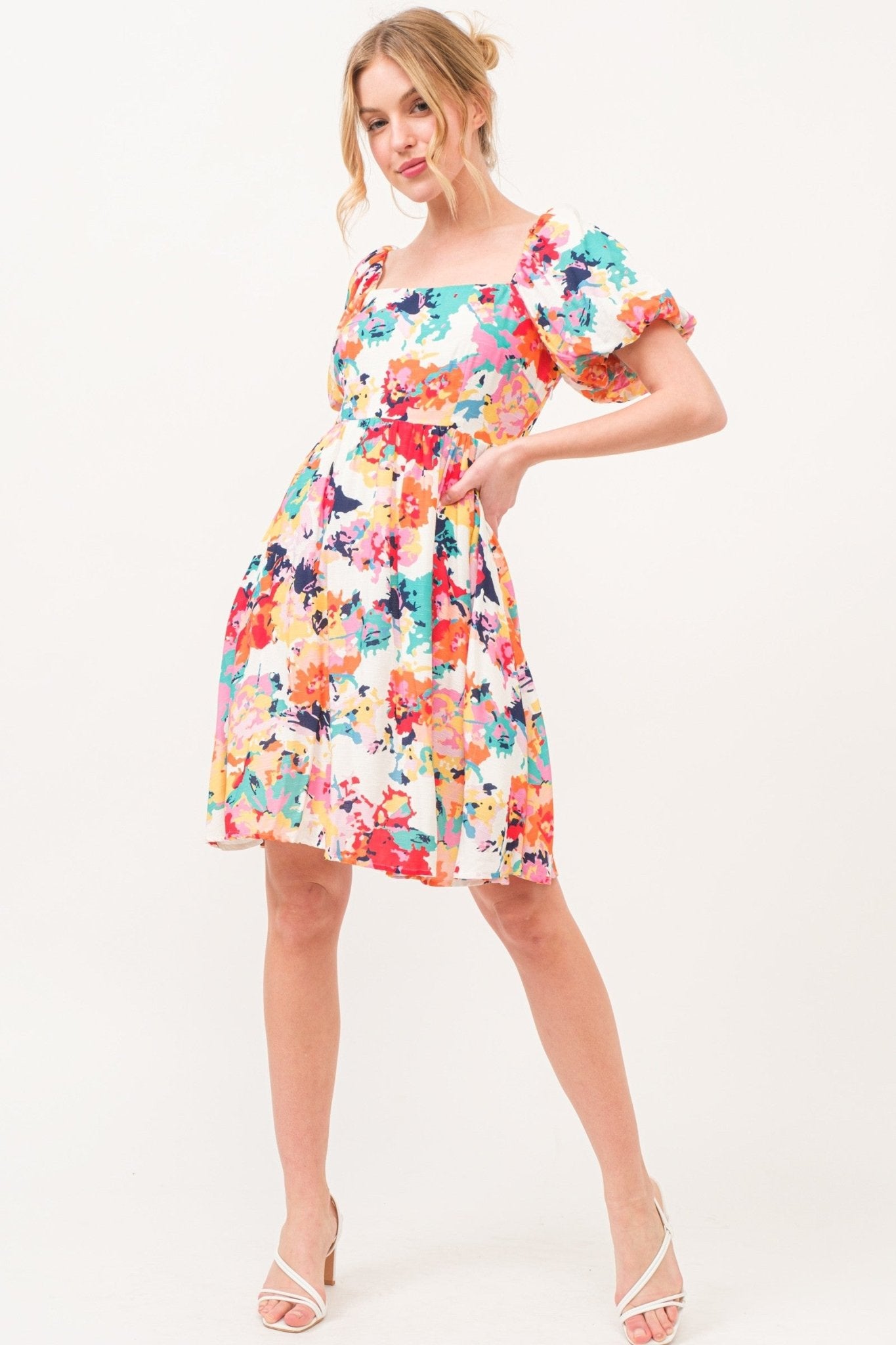 SALE Square Neck Bubble Sleeve Floral Printed Dress - Blush & Cactus