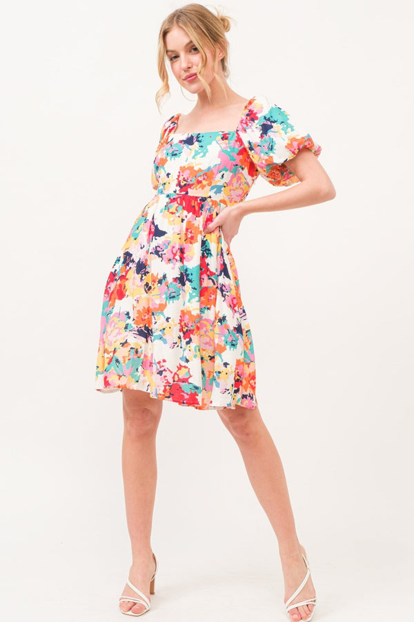SALE Square Neck Bubble Sleeve Floral Printed Dress - Blush & Cactus