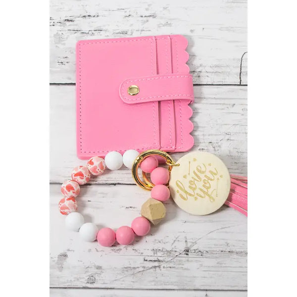 Heart Print Silicone Ball Card Holder Keychain, Wood Circle