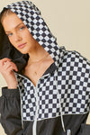 Checkboard Print Windbreaker Hoodie Jacket