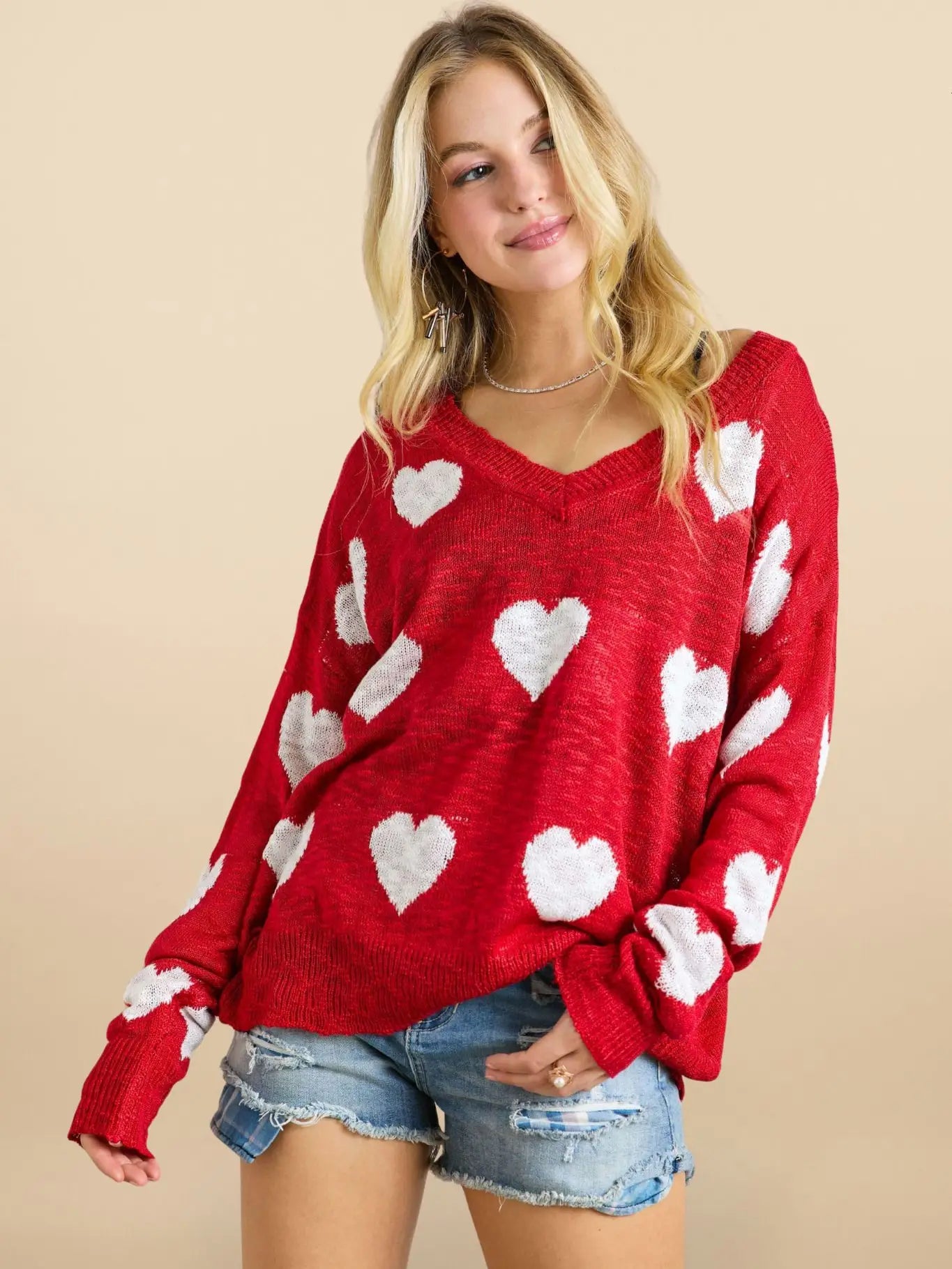 Lovely Heart Lightweight Sweater Top - Blush & Cactus