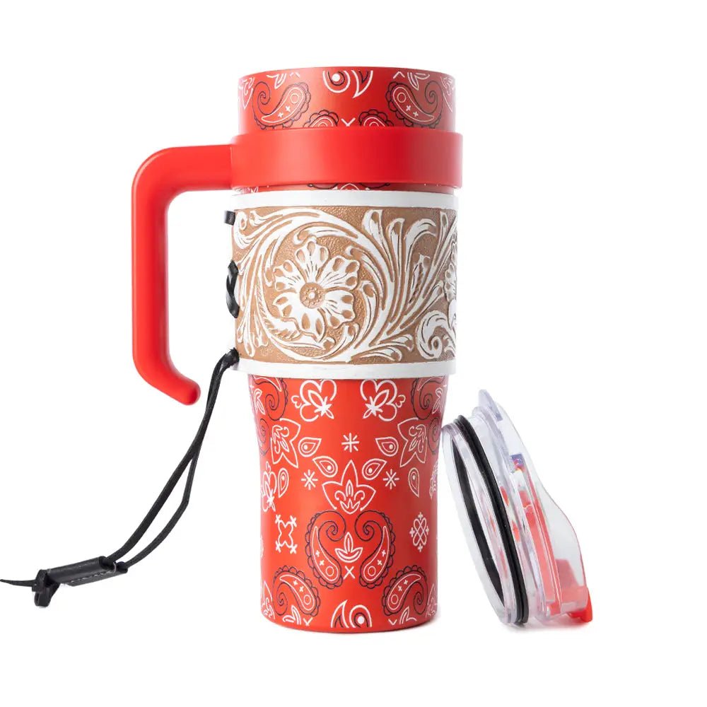 Bandana Tooled Western Tumbler in Red Stainless Steel with Handtooled Leather and Handle For Use - Blush & Cactus