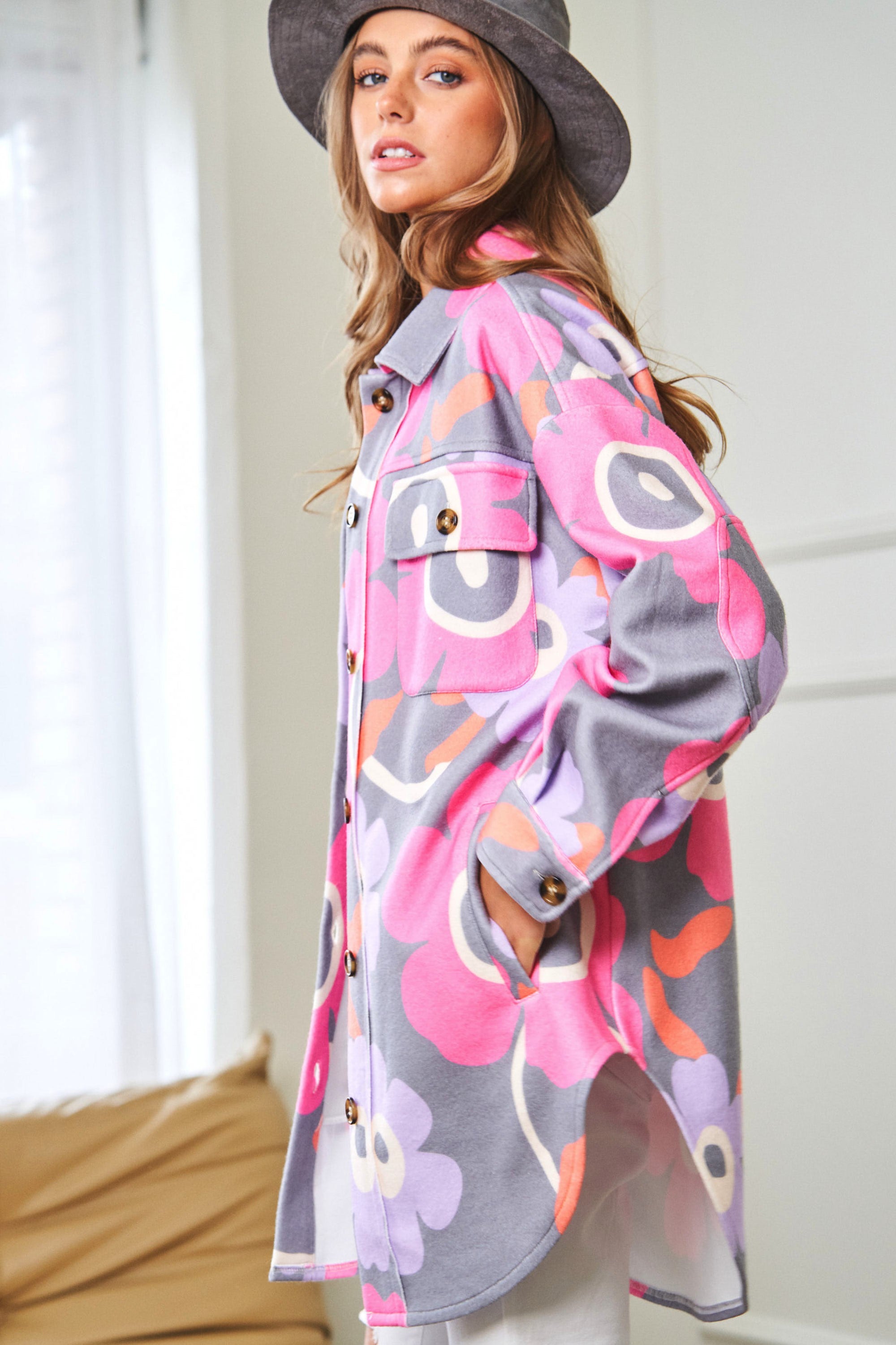 Retro Floral Printed Button Front Shacket Jacket
