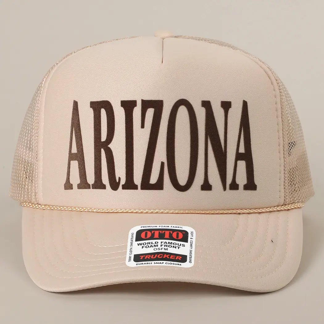 Arizona Text Printed Mesh Back Foam Trucker Hat - Blush & Cactus