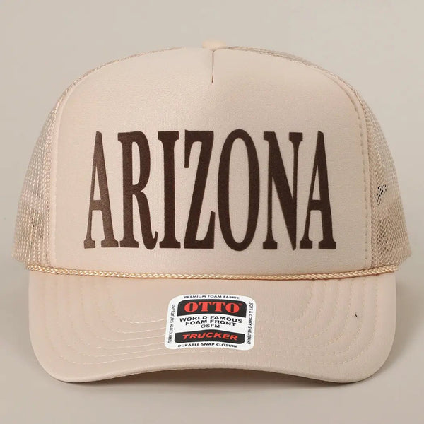 Arizona Text Printed Mesh Back Foam Trucker Hat - Blush & Cactus