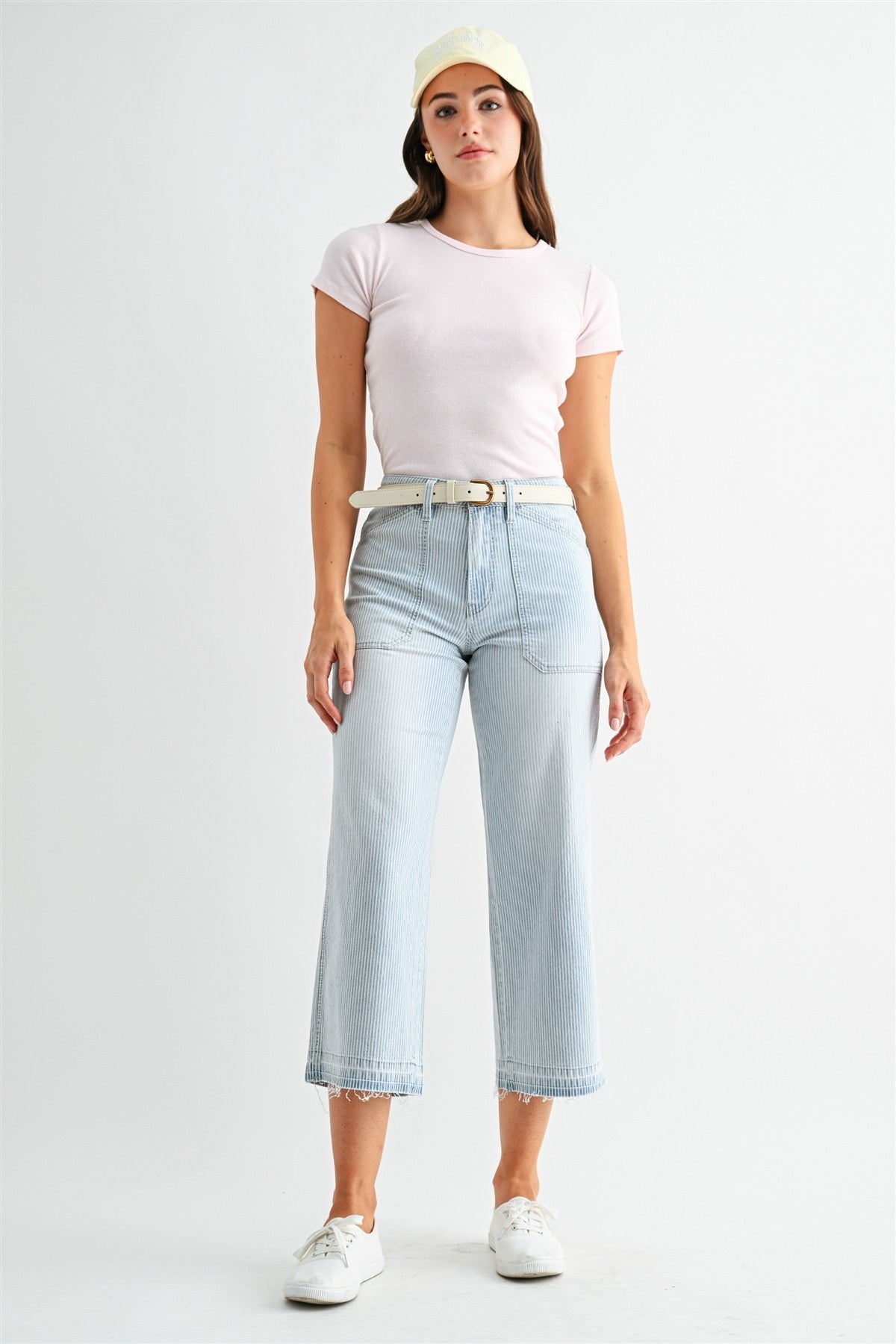 Mica Denim High - rise Wide Leg Cropped Stripe - Blush & Cactus