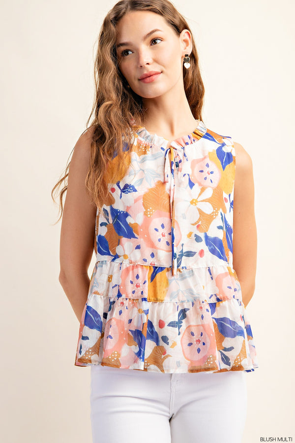 SALE KORI Tiered Sleeveless Floral Lined Top Ruffle Neck
