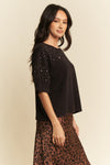 Davi & Dani Hotfix Studded Short Sleeve Loose Fit Top - Curvy Size