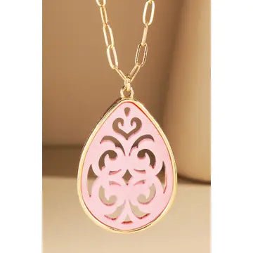 Teardrop Filigree Pendant Necklace - Blush & Cactus