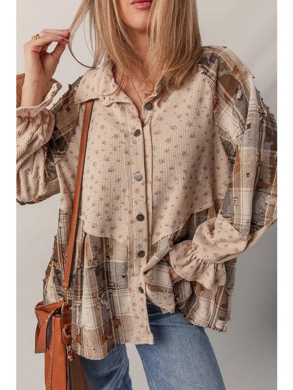 Boho Floral Plaid Patch Ruffled Waffle Shacket - Blush & Cactus