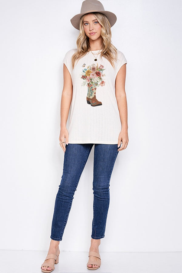 Phil Love Flower Boots Cap Sleeve Top