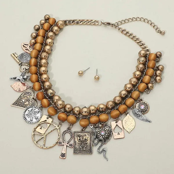 Boho Vintage Symbol Charm Station Statement Necklace