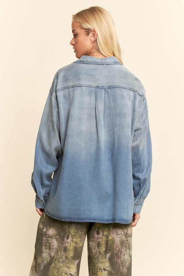 Davi & Dani Oversized Rhinestone Chest Pocket Denim Shirt - Blush & Cactus