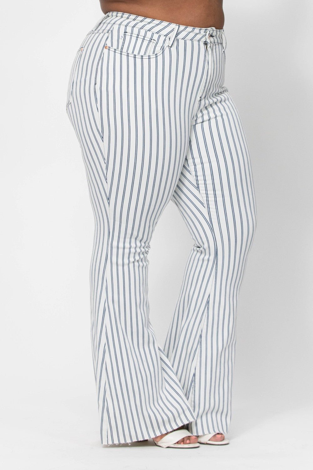 Judy Blue Hi-Waist Super Flare White Pinstripe Jean - Curvy Size - Blush & Cactus