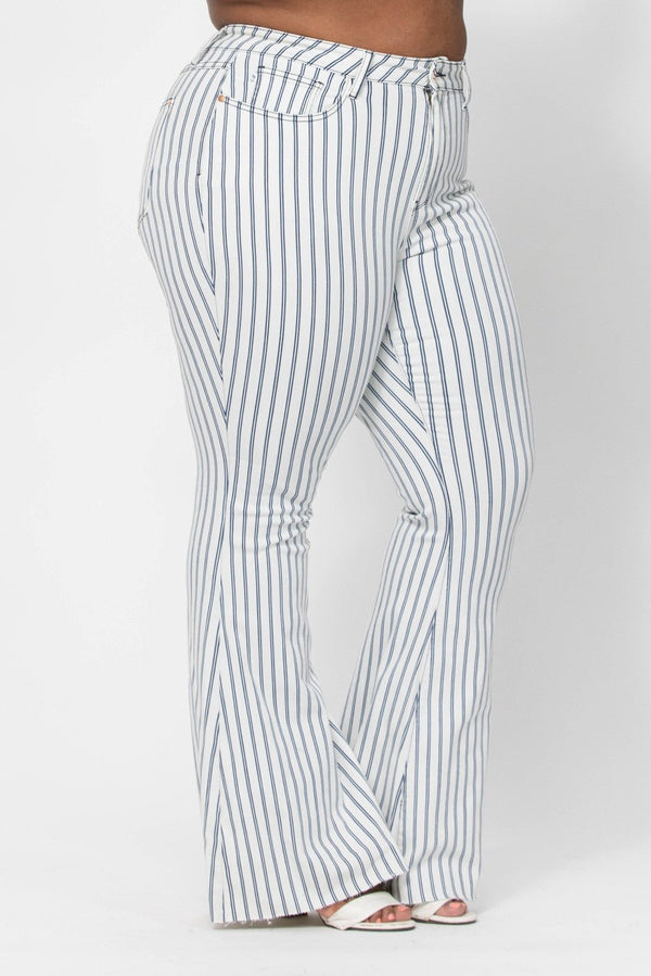 Judy Blue Hi-Waist Super Flare White Pinstripe Jean - Curvy Size - Blush & Cactus