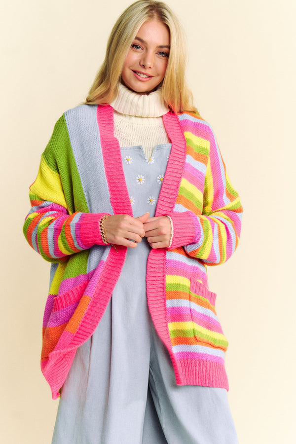 Davi & Dani Multi Striped Pockets Loose Fit Open Cardigan