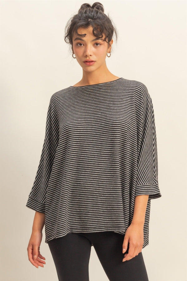Brushed Fabric Striped Oversized 3/4 Sleeve Top - Blush & Cactus