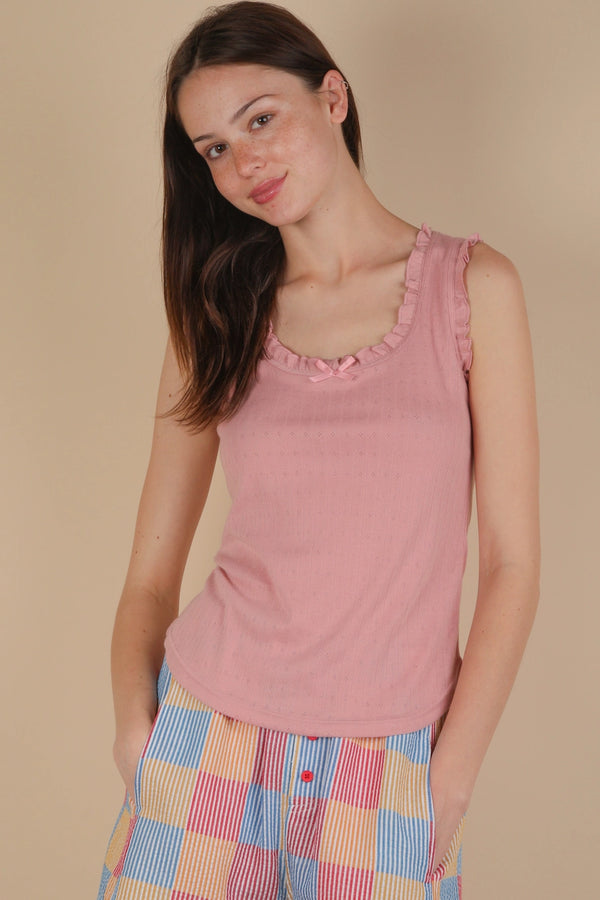 Bow Trim Ruffled Knit Tank Top