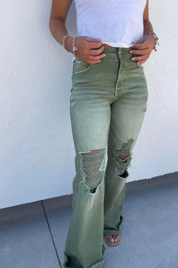 Olivia Distressed Colored Jean - Olive