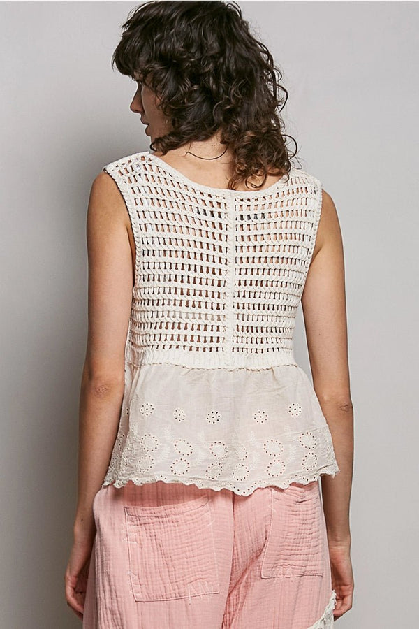 POL Boho Crochet Ribbon Motif Scalloped Trim Sleeveless Top - Blush & Cactus