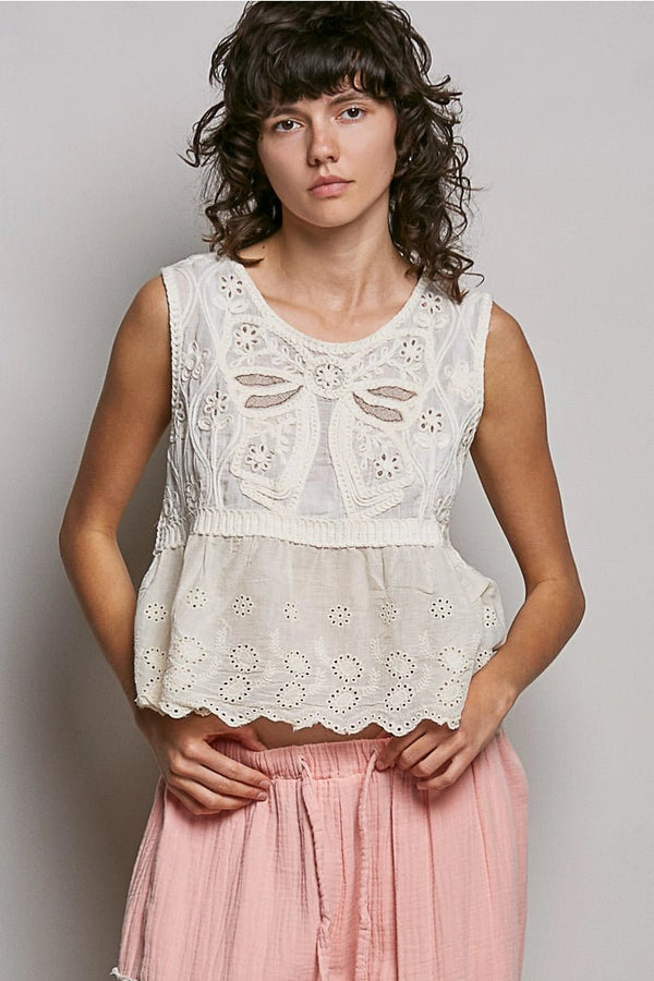 POL Boho Crochet Ribbon Motif Scalloped Trim Sleeveless Top - Blush & Cactus